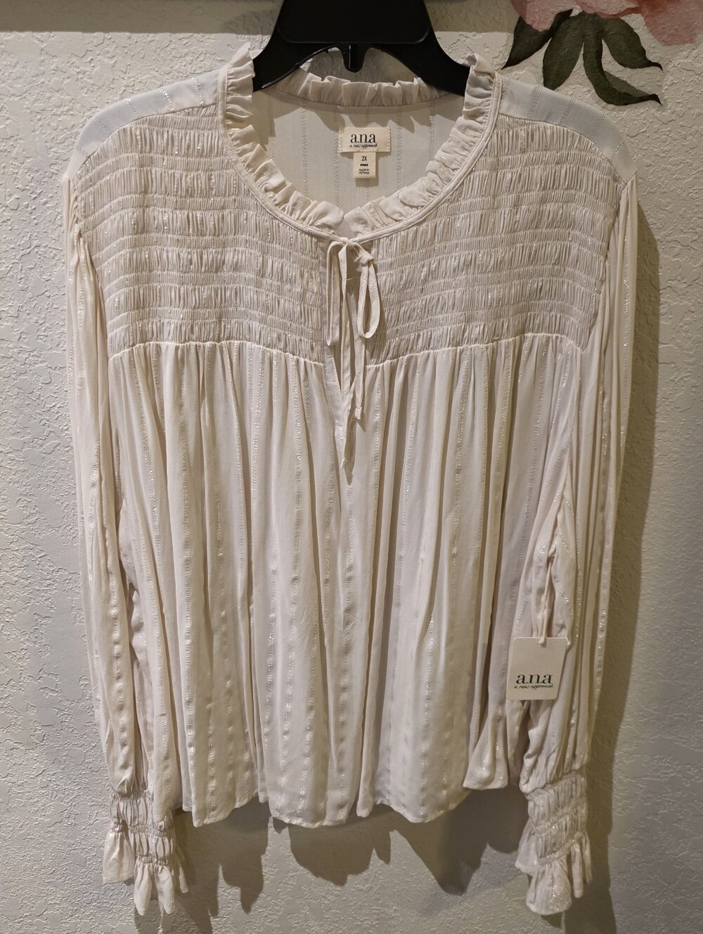 a.n.a Cream Ruffle Tie-Neck Smocked Blouse